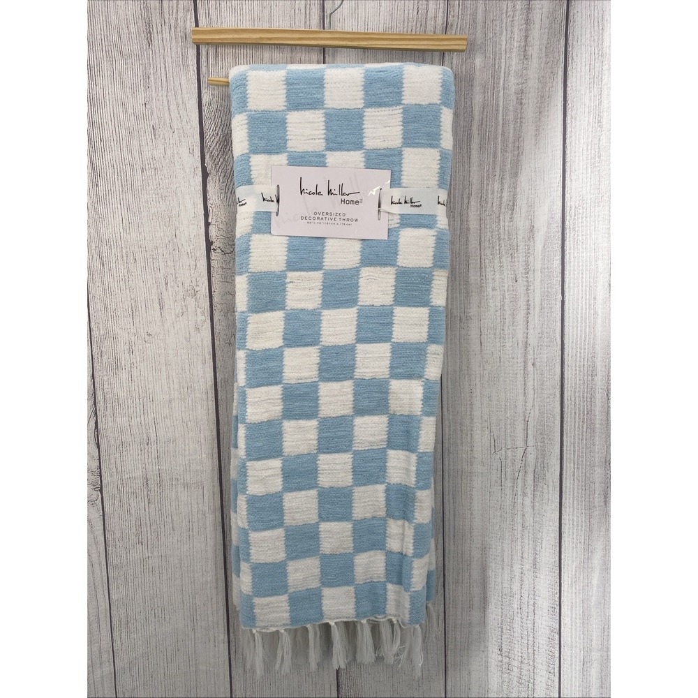 Nicole Miller Throw Blanket 50x70 Light Blue White Chenille Checkered Fringe